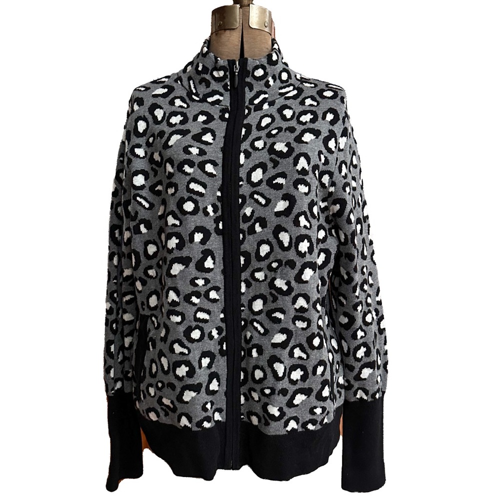 Rachel Zoe Leopard Zip-up Cardigan Sweater Mock Neck - Picture 2 of 9